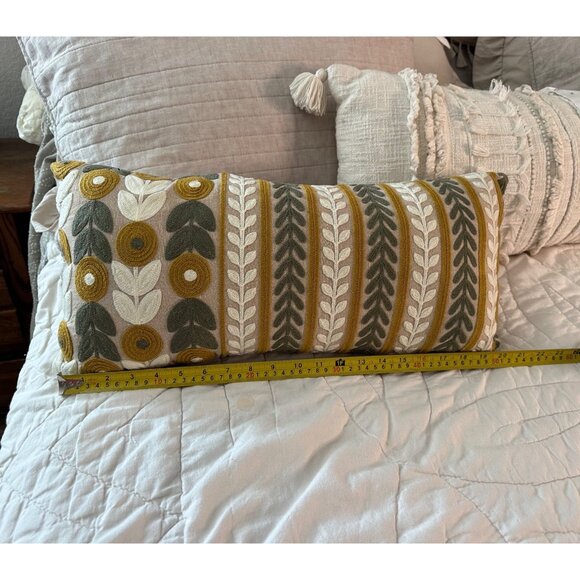 Pier 1 rectangle Pillow 3d Embroidered Leaf Patterns Sofa zipper luxury boho - Picture 6 of 9